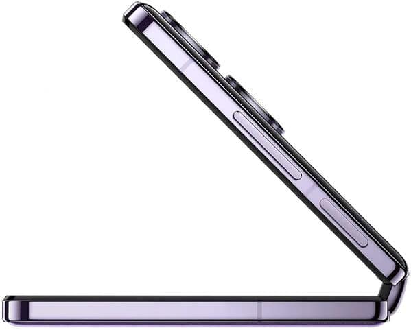 Xiaomi Mix Flip in lavender, open position showing folded form with screen visible on lower half and upper display on top section