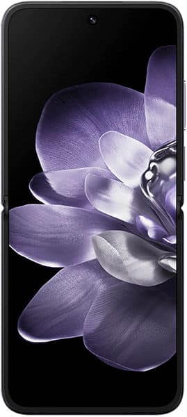 Xiaomi Mix Flip, front view, displaying purple flower petals on black screen