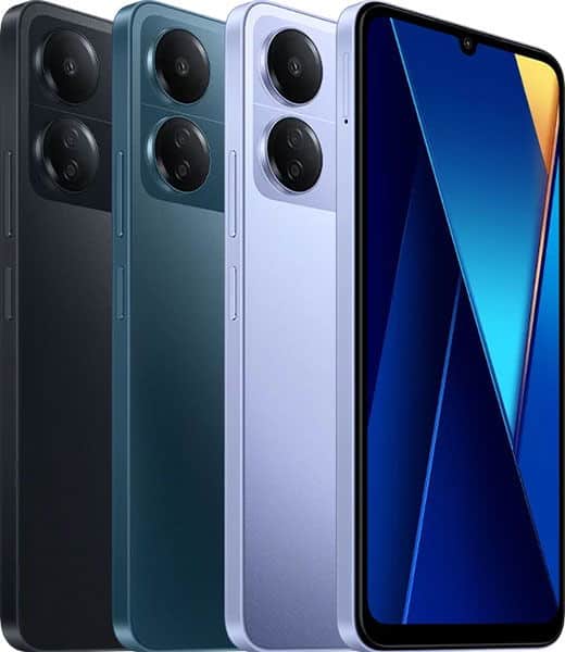 Xiaomi Poco C65 rear and front views in black, teal, and white, showing dual camera setup and blue display screen