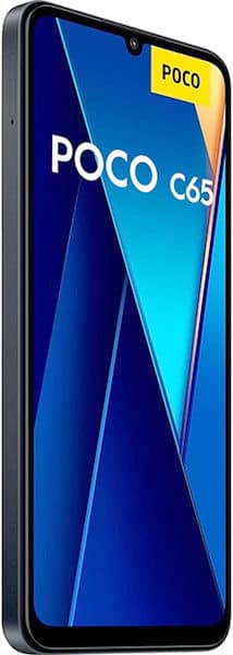 Xiaomi Poco C65 smartphone displayed front-on, showing blue and yellow geometric design on screen with notch at top