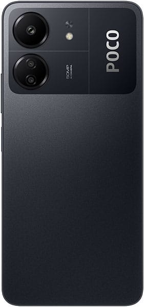Xiaomi Poco C65 rear view, dark gray, dual camera module with LED flash and "POCO" text visible on back panel