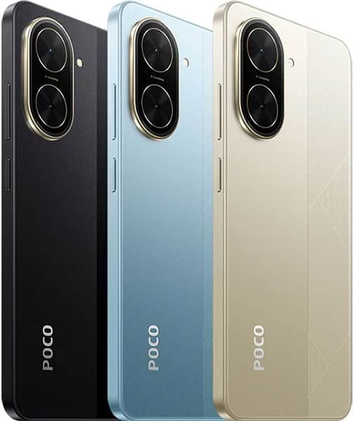Xiaomi Poco C71 rear view in black, blue, and beige, showing dual camera setup and gold accents