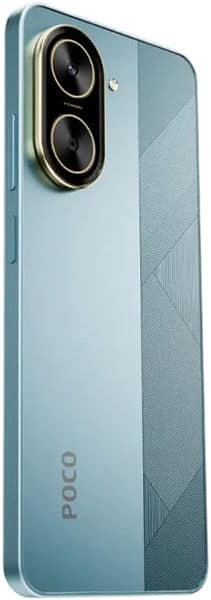 Xiaomi Poco C71 rear view showing dual-camera module and blue gradient back panel with geometric design pattern