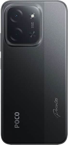 Xiaomi Poco C85 rear view, black phone with dual camera module and "Poco" branding on back