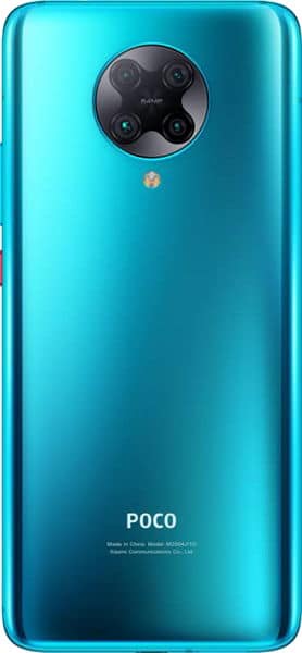Rear view of turquoise Xiaomi Poco F2 Pro showing circular quad-camera module, LED flash, and POCO branding at the bottom.
