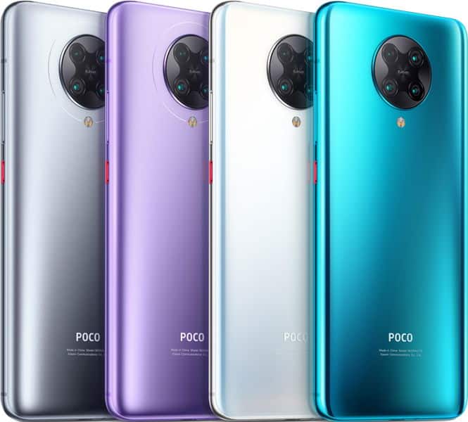 Rear view of four Xiaomi Poco F2 Pro phones in silver, purple, white, and blue, showing circular camera modules and POCO logo.