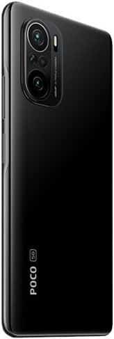 Xiaomi Poco F3 rear view, black, showing dual camera setup and "POCO" branding on lower back