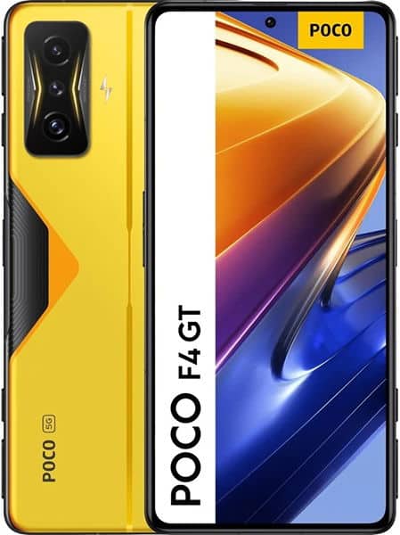 Xiaomi Poco F4 GT in yellow shown front and rear; front displays logo, rear highlights camera module and geometric pattern.