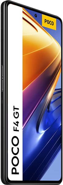 Xiaomi Poco F4 GT in black shown from the side, screen on with yellow-blue graphics and POCO F4 GT branding on display edge.