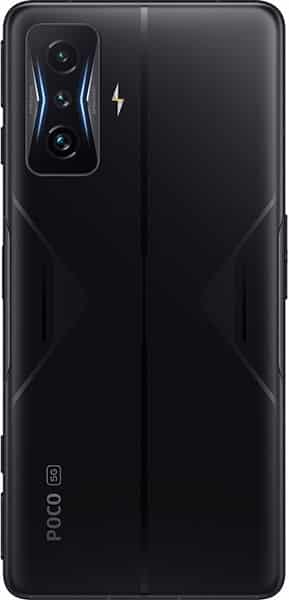 Rear view of black Xiaomi Poco F4 GT 5G showing triple rear cameras, flash icon, and POCO 5G branding at bottom left.
