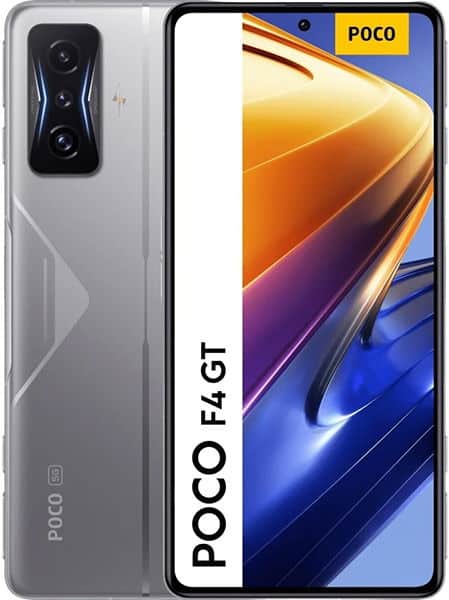 Xiaomi Poco F4 GT shown front and rear: front with vibrant display and branding, rear with silver finish and triple cameras.