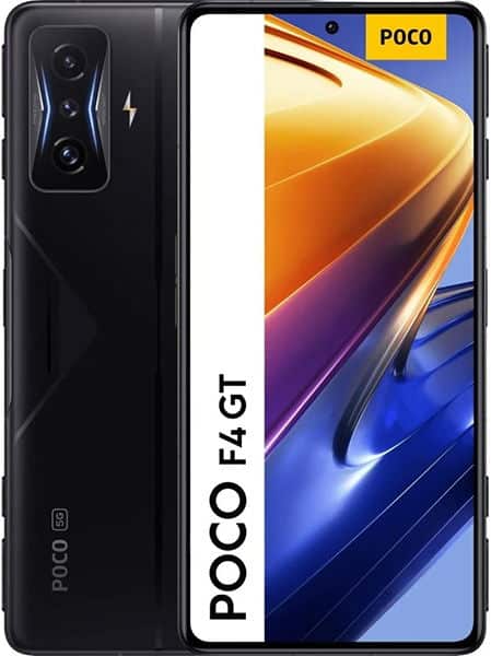 Xiaomi Poco F4 GT shown front and rear; front displays "POCO F4 GT," rear has triple cameras and lightning bolt design.