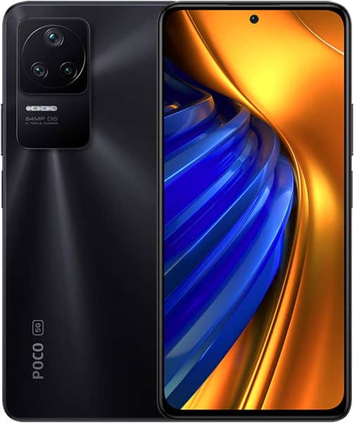 Xiaomi Poco F4 front and rear view, black, showing triple camera setup and display with blue and gold abstract wallpaper