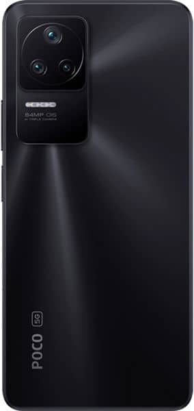Xiaomi Poco F4 rear view showing triple camera module and black gradient back panel with Poco branding