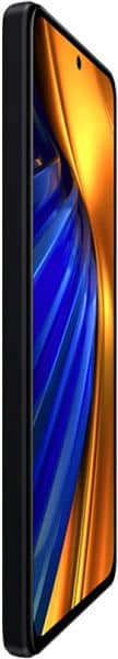 Xiaomi Poco F4 smartphone shown from the side, displaying an orange and blue gradient screen with blue accent stripe along the edge