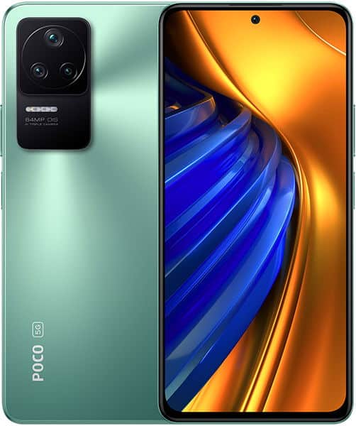 Xiaomi Poco F4 in mint green, front view showing display with colorful abstract wallpaper and rear camera module