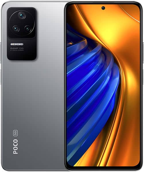 Xiaomi Poco F4 front and rear view, showing silver body with triple rear camera and blue-gold abstract display wallpaper