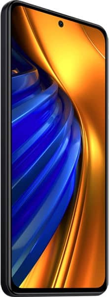 Xiaomi Poco F4 front view, displaying screen with blue and gold gradient wallpaper and centered camera cutout
