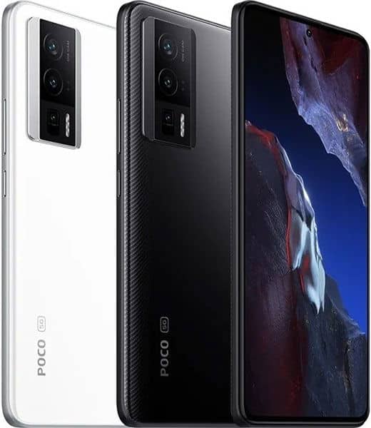Xiaomi Poco F5 Pro in white and black, shown from rear and front views displaying camera setup and display screen