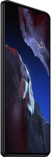 Xiaomi Poco F5 Pro smartphone front view, displaying a landscape wallpaper with blue and red mountain imagery on screen