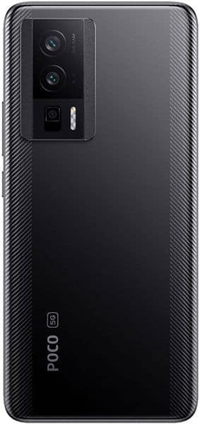 Xiaomi Poco F5 Pro rear view, showing dual camera setup and carbon fiber texture back panel in black