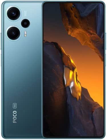 Xiaomi Poco F5 rear view, blue finish, showing triple camera setup and display with orange landscape wallpaper