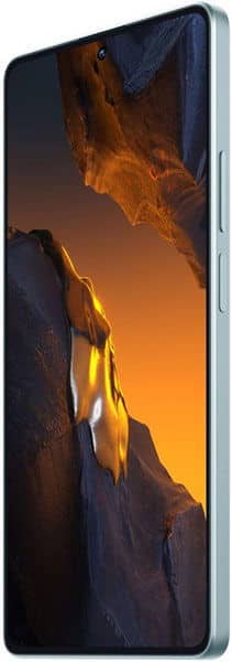 Xiaomi Poco F5 front view with illuminated display showing mountain landscape wallpaper against dark sky