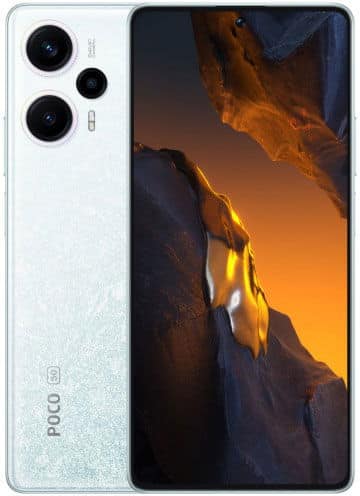 Xiaomi Poco F5 rear view, white finish, showing triple camera setup and display with orange landscape wallpaper