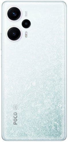Xiaomi Poco F5 rear view, white with glittery gradient finish, triple camera module on upper left corner
