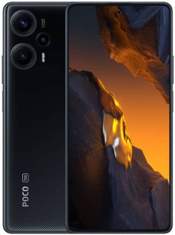 Xiaomi Poco F5 rear and front view, showing dual camera setup on black back and display with orange landscape wallpaper