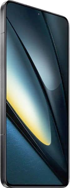Xiaomi Poco F6 Pro front view, dark screen with yellow curved design element and blue gradient background