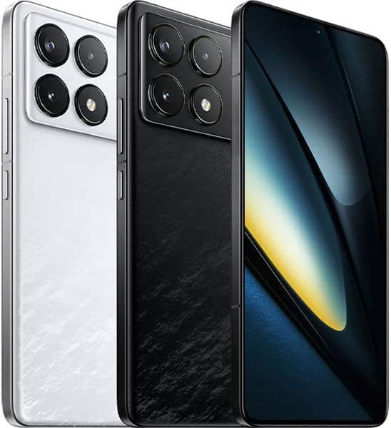 Xiaomi Poco F6 Pro rear and front views in white and black, showing quad camera setup and display screen