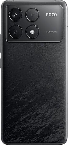 Xiaomi Poco F6 Pro rear view, black, showing quad camera setup and textured back panel