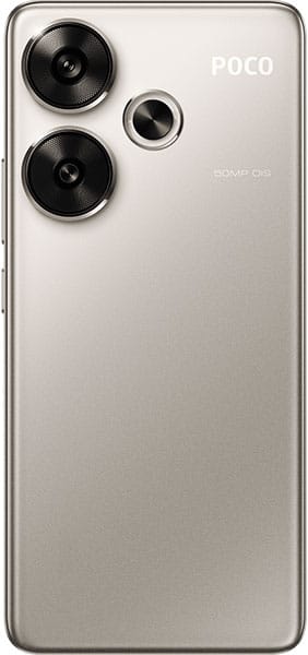 Xiaomi Poco F6 rear view, silver finish with triple camera setup and POCO branding visible on back