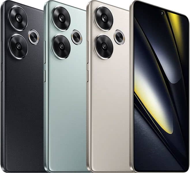 Xiaomi Poco F6 rear view showing three color variants (black, light green, beige) with triple camera setup, and front display view with yellow accent