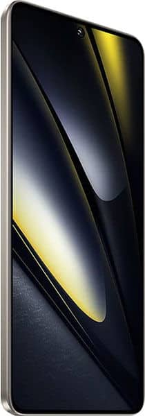 Xiaomi Poco F6 front view, displaying screen with yellow and black gradient design and single camera cutout