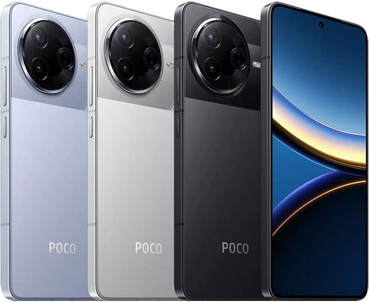 Three POCO phones, including F7 Pro, shown rear view in silver, gray, black; fourth phone front view with slim bezels and punch-hole.