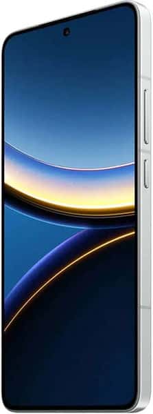 Xiaomi Poco F7 Pro front view with slim silver frame, edge-to-edge display, dark abstract wallpaper, right-side buttons visible.