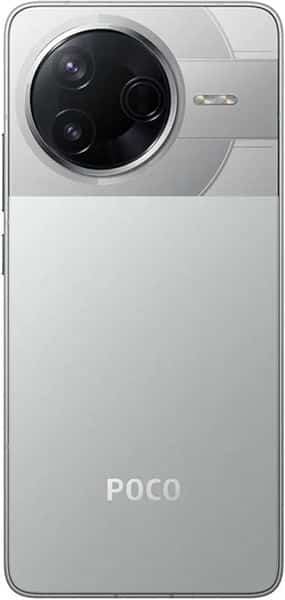 Rear view of silver Xiaomi Poco F7 Pro showing large circular dual-lens camera, flash, and POCO logo at the bottom.