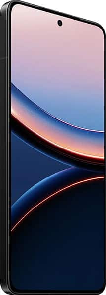 Xiaomi Poco F7 Ultra front view with curved abstract wallpaper on display, showing curved light streaks against dark background