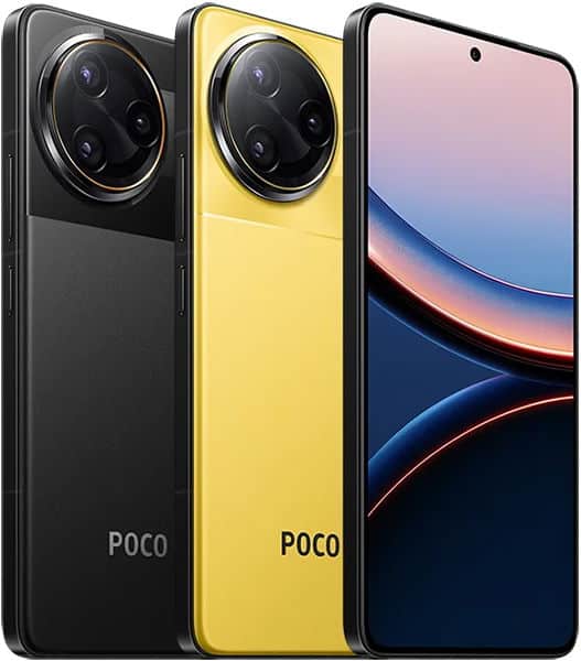 Xiaomi Poco F7 Ultra in black, yellow, and black color variants shown from rear and front angles, displaying dual circular camera modules and gradient display screen