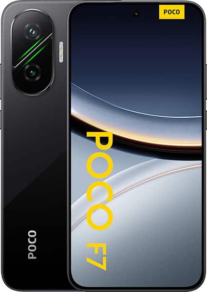 Xiaomi Poco F7 front view, black smartphone with dual rear cameras and yellow POCO branding on screen