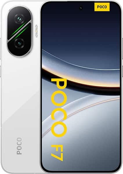Xiaomi Poco F7 front view, white finish, with dual camera system on back and display showing "POCO F7" branding