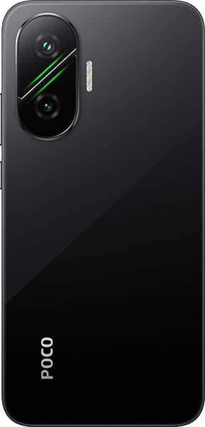 Xiaomi Poco F7 rear view, black, showing dual camera with green accent stripe and "POCO" branding on lower back