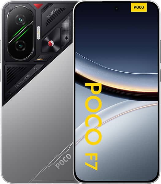 Xiaomi Poco F7 front and rear view, showing dual rear cameras with green accent and white-silver body design, with display screen showing "POCO F7" branding