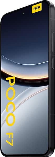 Xiaomi Poco F7 front view, displaying the phone's screen with abstract curved design and yellow branding on the lower left edge