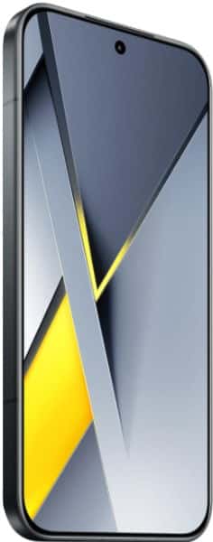 Xiaomi Poco F8 Pro front view, displaying screen with geometric yellow and gray design pattern