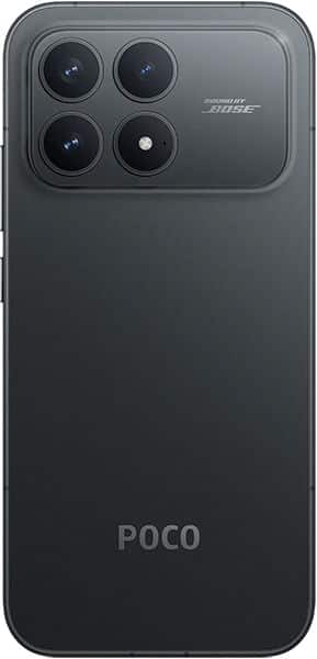 Xiaomi Poco F8 Pro rear view, dark gray with quad camera setup and "POCO" branding on lower back