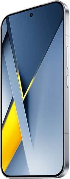 Xiaomi Poco F8 Ultra front view, displaying blue and yellow geometric design on screen with silver frame and centered camera notch