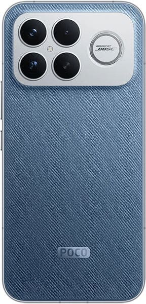 Xiaomi Poco F8 Ultra rear view, blue textured back with four camera lenses and Bose speaker badge